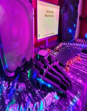 Wireless karaoke microphones and speaker set up with coloured party lighting